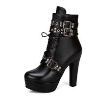 Autumn Winter Women's Boots Lace Up High Heel Short Boots Large Size 50 - Thumbnail 1