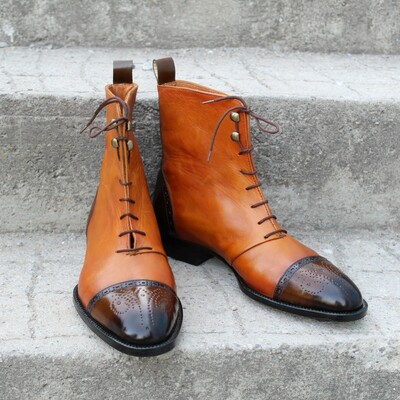 Crafted leather bespoke dress shoes tan dark brown leather ankle high lace up boot - Thumbnail 5