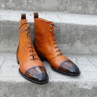 Crafted Leather Bespoke Dress Shoes Tan Dark Brown Leather Ankle High Lace up Boot - Thumbnail 1