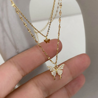 Shiny Butterfly Double Layer Cute Necklace Clavicle Chain For Women Girls - Thumbnail 1