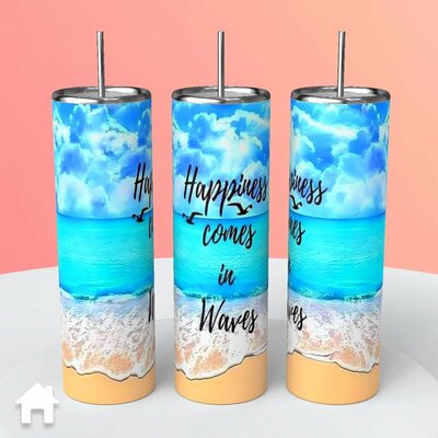 Beach scene "happiness comes in waves" tumbler