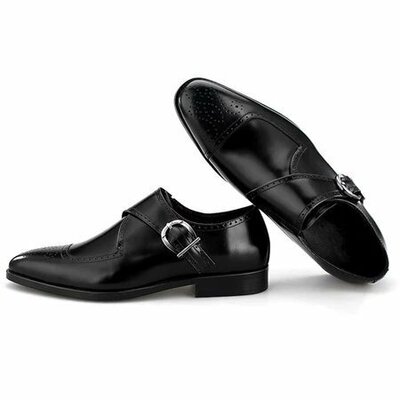 New Handmade Men's Vintage Side Buckle Black Leather Dress Shoes