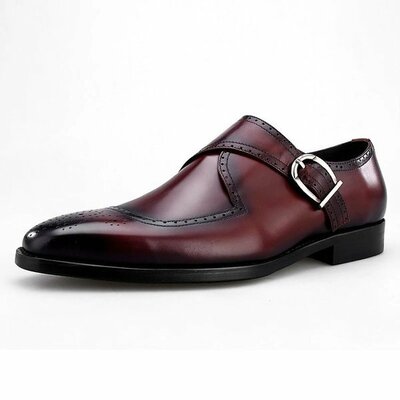 New handmade men's vintage side buckle burgundy leather dress shoes