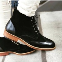 Handmade Men's Wing Tip Leather & Suede Ankle High Boots, Men Lace up Ankle Boot - Thumbnail 1