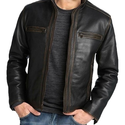 New men designer genuine cowhide soft biker leather jacket - Thumbnail 2