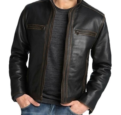New Men Designer Genuine Cowhide Soft Biker Leather Jacket