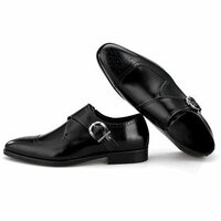 New Handmade Men's Vintage Side Buckle Black Leather Dress Shoes - Thumbnail 1