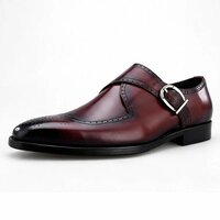 New Handmade Men's Vintage Side Buckle Burgundy Leather Dress Shoes - Thumbnail 1