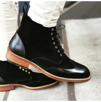 Handmade Men's Wing Tip Leather & Suede Ankle High Boots, Men Lace up Ankle Boot