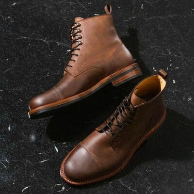Handmade antique brown pull up leather ankle boots, men cap toe ankle boot - Thumbnail 4