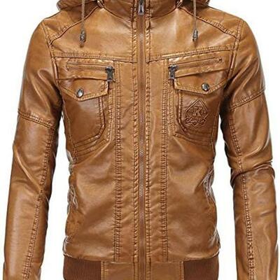 Men brown leather motorcycle jacket with removable hood - Thumbnail 4