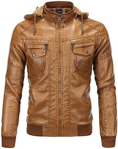Men Brown Leather Motorcycle Jacket with Removable Hood