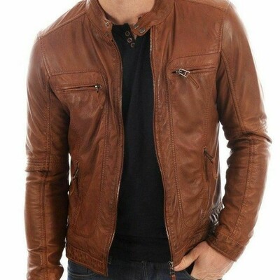 Men's leather jacket 100% genuine soft lambskin biker slim fit men - Thumbnail 2