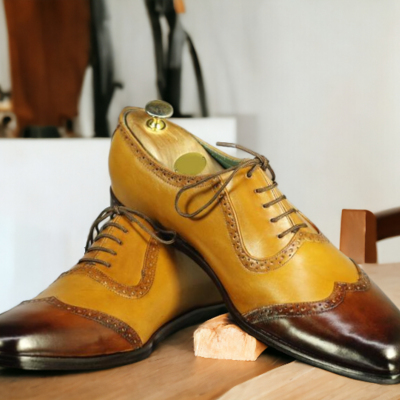 Handmade men's tan brown wing tip leather dress shoes, men designer fashion shoe - Thumbnail 1