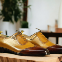 Handmade Men's Tan Brown Wing Tip Leather Dress Shoes, Men Designer Fashion Shoe - Thumbnail 1