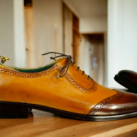 Handmade Men's Tan Brown Wing Tip Leather Dress Shoes, Men Designer Fashion Shoe - Thumbnail 2