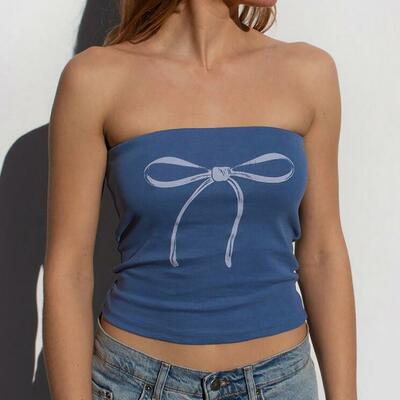 Bow print strapless cropped tube top - Thumbnail 1