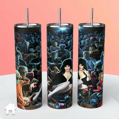 Horror icons tumbler elvira critters saw child's play phantom of the opera leprechaun