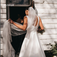 Elegant Square Wedding Dresses For Women Sleeveless Backless A-Line With Button Sweep Train Simple Satin Bridal Gown - Thumbnail 4