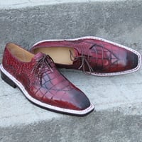 Crafted Leather Burgundy Patina Leather Crocodile Alligator Wingtip Oxford Hand Sewn Dress Shoes - Thumbnail 2