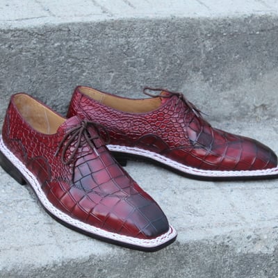Crafted leather burgundy patina leather crocodile alligator wingtip oxford hand sewn dress shoes - Thumbnail 4