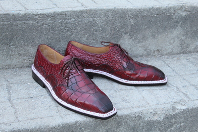 Crafted Leather Burgundy Patina Leather Crocodile Alligator Wingtip Oxford Hand Sewn Dress Shoes