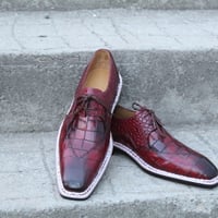 Crafted Leather Burgundy Patina Leather Crocodile Alligator Wingtip Oxford Hand Sewn Dress Shoes - Thumbnail 3