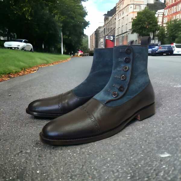Men's Handmade Blue Suede & Black Leather Ankle High Side Button Bespoke Elastic Jumper Boots