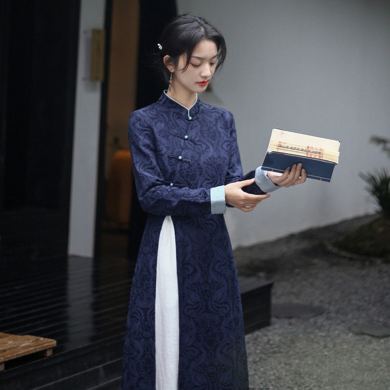 navy blue cheongsam dress Navy Blue Chiffon Qipao / Cheongsam Dress in Printed Leaf