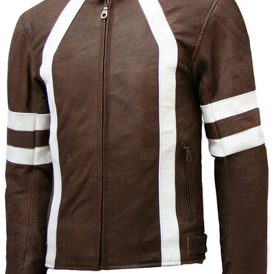 Distressed brown leather motorcycle jacket