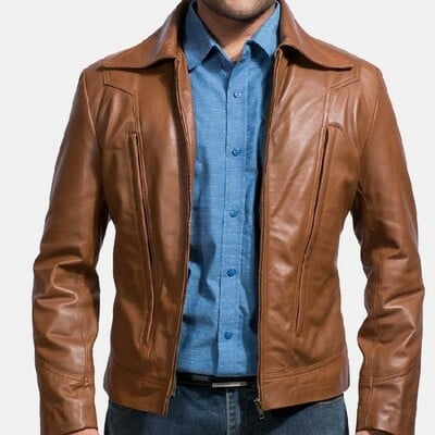 New men handmade brown leather fashion biker jacket