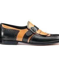 Two Tone Black Tan Oxford Men Real Leather Fashion Rounded Toe Monk Buckle Shoes - Thumbnail 4
