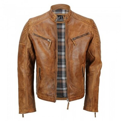 New men's tan vintage biker style leather jacket,waxed sheep skin fashion jacket - Thumbnail 4