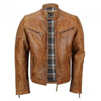 New Men's Tan Vintage Biker Style Leather Jacket,Waxed Sheep Skin Fashion Jacket - Thumbnail 4