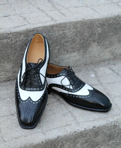 Crafted Leather Classic Black White Leather Wingtip Dress Shoes