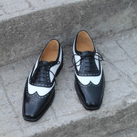 Crafted Leather Classic Black White Leather Wingtip Dress Shoes - Thumbnail 1