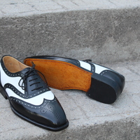 Crafted Leather Classic Black White Leather Wingtip Dress Shoes - Thumbnail 3