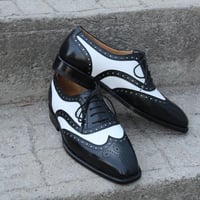 Crafted Leather Classic Black White Leather Wingtip Dress Shoes - Thumbnail 4