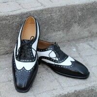 Crafted Leather Classic Black White Leather Wingtip Dress Shoes - Thumbnail 5