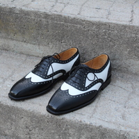 Crafted Leather Classic Black White Leather Wingtip Dress Shoes - Thumbnail 7