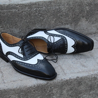 Crafted Leather Classic Black White Leather Wingtip Dress Shoes - Thumbnail 8