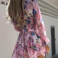 Long Sleeved Women'S Pink Printed Jumpsuit - Thumbnail 1