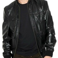 Men's Black Leather Shirt - Handmade, Premium Quality Cow Leather - Thumbnail 1