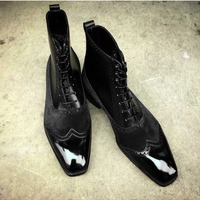 NEW Handmade Men Wingtip Boots, Men Suede And Leather Ankle Boots - Thumbnail 4