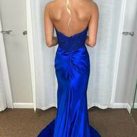Royal Blue Lace Applique High Slit Pleated Mermaid Dress - Thumbnail 1