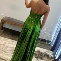 Strapless Green Metallic Pleated Long Prom Dress with Slit - Thumbnail 1