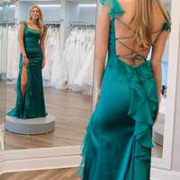 Emerald Green Square Neck Ruffle Slit Prom Dress - Thumbnail 1