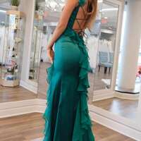 Emerald Green Square Neck Ruffle Slit Prom Dress - Thumbnail 2