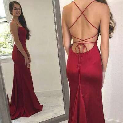 Lace-up back mermaid dark red long prom dress - Thumbnail 1
