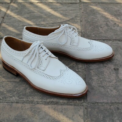 Crafted leather classic men white leather wingtip oxford lace up dress shoes - Thumbnail 3